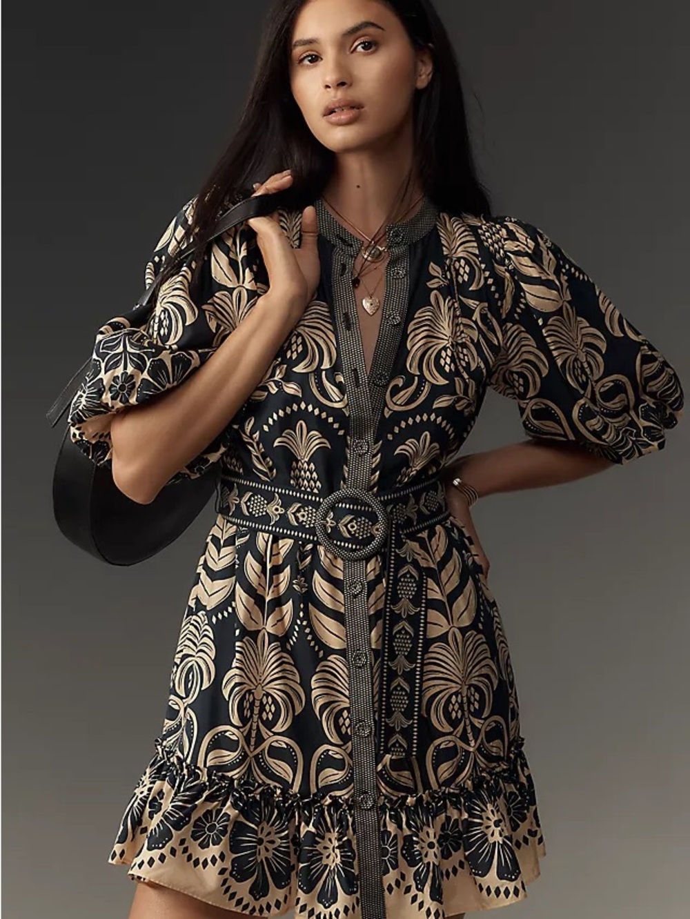 FARM Rio Black and Beige Floral Belted Puff-Sleeve Dress - Picture 1 of 4